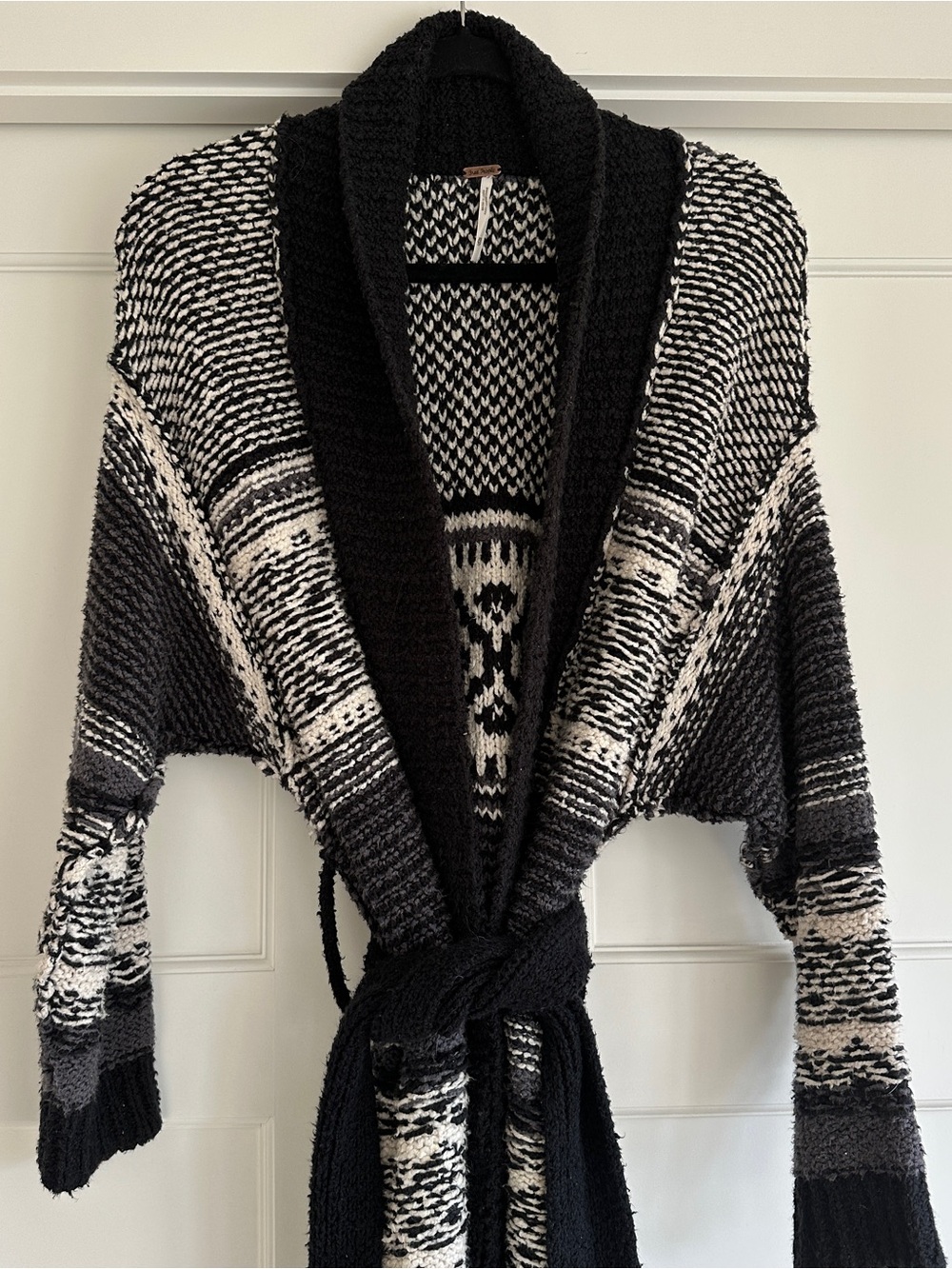 Free People Black & White Patterned Knit Cardigan with Belt